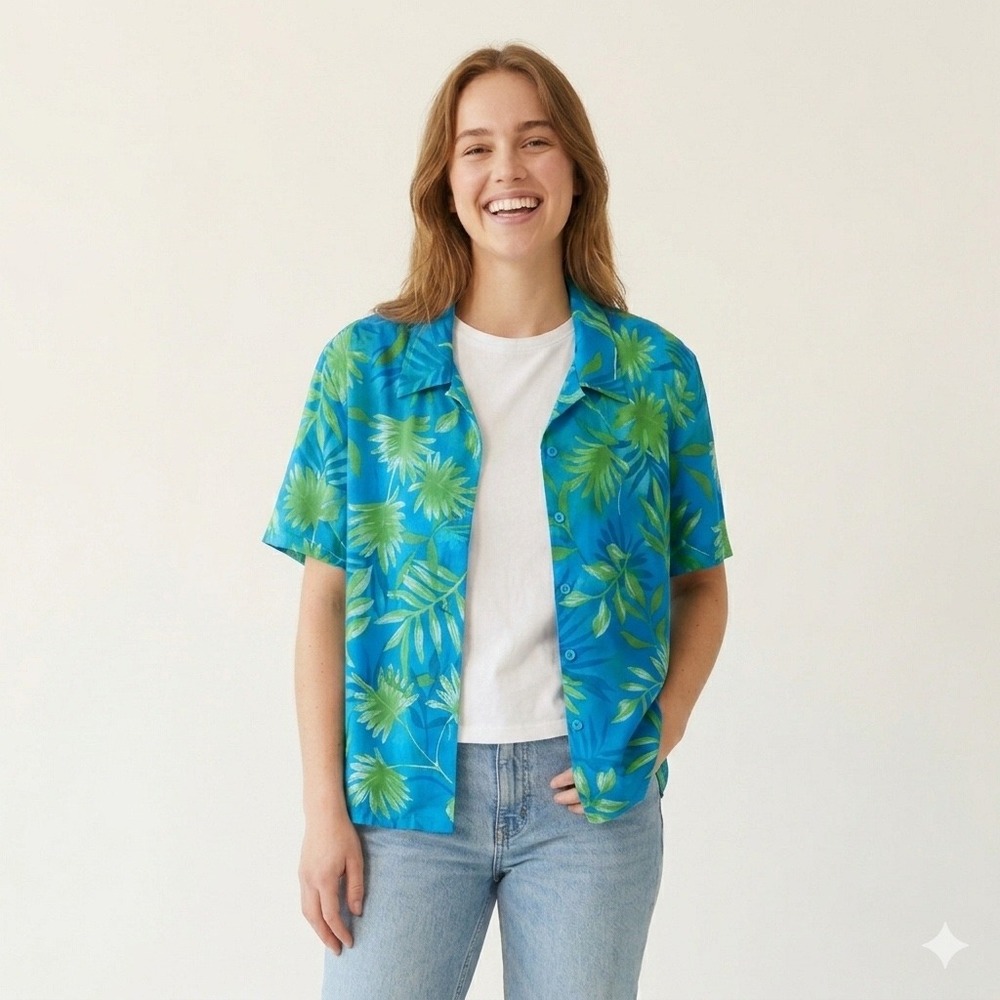 Jamie Brooke Womens Tropical Leaf Button‎ Up Shirt Blue Green Rayon Size 12